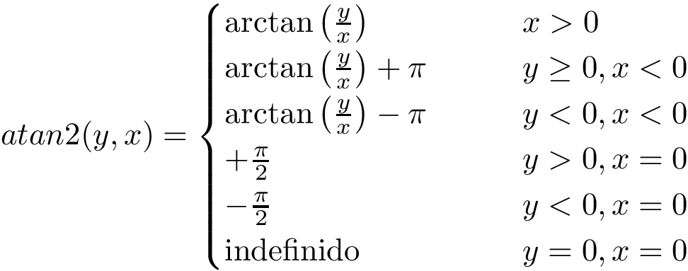 \[ atan2(y,x)={\begin{cases}\arctan \left({\frac yx}\right)&\qquad x>0\\\arctan \left({\frac yx}\right)+\pi &\qquad y\geq 0,x<0\\\arctan \left({\frac yx}\right)-\pi &\qquad y<0,x<0\\+{\frac {\pi }{2}}&\qquad y>0,x=0\\-{\frac {\pi }{2}}&\qquad y<0,x=0\\{\text{indefinido}}&\qquad y=0,x=0\end{cases}} \]