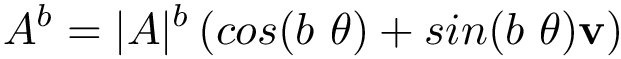 \[A^b= |A|^b \left( cos(b~ \theta )+sin(b~ \theta ) \mathbf{v} \right) \]