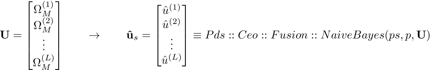 \[ \mathbf{U}= \begin{bmatrix} \Omega_M^{(1)}\\ \Omega_M^{(2)}\\ \vdots\\ \Omega_M^{(L)} \end{bmatrix} \qquad \rightarrow \qquad \mathbf{\hat{u}}_s= \begin{bmatrix} \hat{u}^{(1)}\\ \hat{u}^{(2)}\\ \vdots\\ \hat{u}^{(L)} \end{bmatrix} \equiv Pds::Ceo::Fusion::NaiveBayes(ps,p,\mathbf{U}) \]