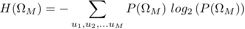 \[ H(\Omega_M)= -\sum_{u_1, u_2, ... u_M} P(\Omega_M)~log_2\left(P(\Omega_M)\right) \]