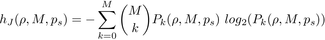 \[ h_{J}(\rho,M,p_s)= -\sum_{k=0}^{M} {M \choose k} P_k(\rho,M,p_s)~log_2 ( P_k(\rho,M,p_s) ) \]