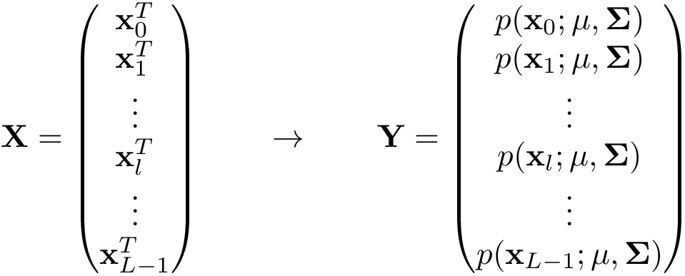 \[ \mathbf{X}= \left( \begin{matrix} \mathbf{x}_{0}^T\\ \mathbf{x}_{1}^T\\ \vdots\\ \mathbf{x}_{l}^T\\ \vdots\\ \mathbf{x}_{L-1}^T\\ \end{matrix} \right) \qquad \rightarrow \qquad \mathbf{Y}= \left( \begin{matrix} p(\mathbf{x}_{0};\mathbf{\mu},\mathbf{\Sigma})\\ p(\mathbf{x}_{1};\mathbf{\mu},\mathbf{\Sigma})\\ \vdots\\ p(\mathbf{x}_{l};\mathbf{\mu},\mathbf{\Sigma})\\ \vdots\\ p(\mathbf{x}_{L-1};\mathbf{\mu},\mathbf{\Sigma})\\ \end{matrix} \right) \]