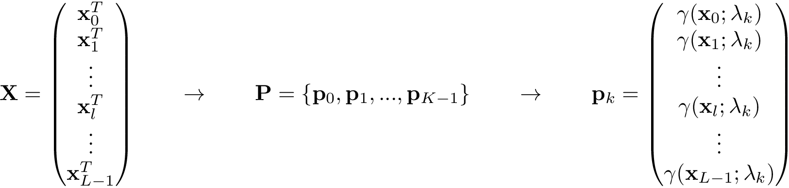 \[ \mathbf{X}= \left( \begin{matrix} \mathbf{x}_{0}^T\\ \mathbf{x}_{1}^T\\ \vdots\\ \mathbf{x}_{l}^T\\ \vdots\\ \mathbf{x}_{L-1}^T\\ \end{matrix} \right) \qquad \rightarrow \qquad \mathbf{P}=\{\mathbf{p}_0,\mathbf{p}_1, ...,\mathbf{p}_{K-1}\} \qquad \rightarrow \qquad \mathbf{p}_k= \left( \begin{matrix} \gamma(\mathbf{x}_{0};\mathbf{\lambda}_k)\\ \gamma(\mathbf{x}_{1};\mathbf{\lambda}_k)\\ \vdots\\ \gamma(\mathbf{x}_{l};\mathbf{\lambda}_k)\\ \vdots\\ \gamma(\mathbf{x}_{L-1};\mathbf{\lambda}_k)\\ \end{matrix} \right) \]