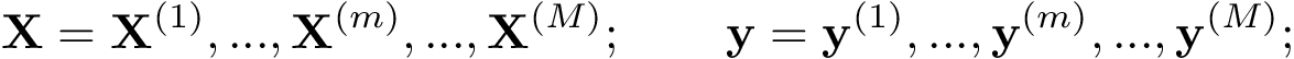 \[ \mathbf{X}=\mathbf{X}^{(1)}, ...,\mathbf{X}^{(m)},..., \mathbf{X}^{(M)}; \qquad \mathbf{y}=\mathbf{y}^{(1)}, ...,\mathbf{y}^{(m)},..., \mathbf{y}^{(M)}; \qquad \]