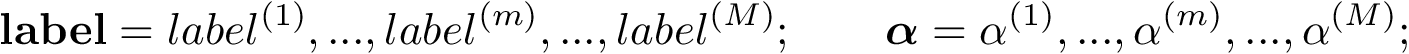 \[ \mathbf{label}=label^{(1)}, ...,label^{(m)},..., label^{(M)}; \qquad \boldsymbol{\alpha}=\alpha^{(1)}, ...,\alpha^{(m)},..., \alpha^{(M)}; \]