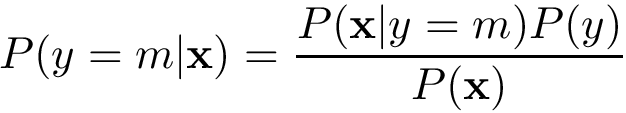 \[ P(y=m|\mathbf{x})=\frac{P(\mathbf{x}|y=m) P(y) }{P(\mathbf{x})} \]