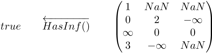 \[ true\qquad \overleftarrow{HasInf()}\qquad \left(\begin{matrix} 1 & NaN & NaN\\ 0 & 2 & -\infty\\ \infty & 0 & 0\\ 3 & -\infty & NaN\\ \end{matrix}\right) \]