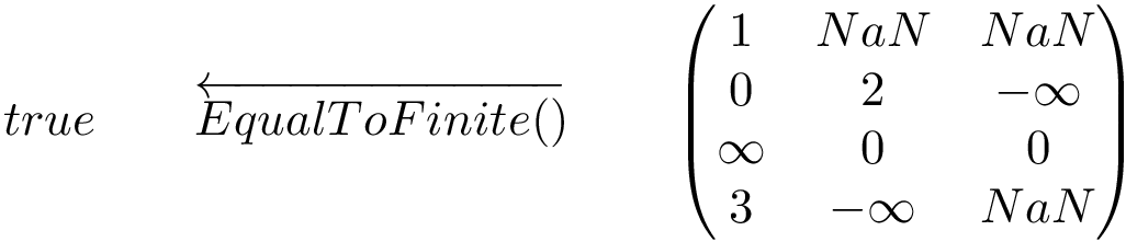 \[ true\qquad \overleftarrow{EqualToFinite()}\qquad \left(\begin{matrix} 1 & NaN & NaN\\ 0 & 2 & -\infty\\ \infty & 0 & 0\\ 3 & -\infty & NaN\\ \end{matrix}\right) \]