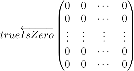 \[ true \overleftarrow{IsZero} \left(\begin{matrix} 0 & 0 & \cdots & 0\\ 0 & 0 & \cdots & 0\\ \vdots & \vdots & \vdots & \vdots \\ 0 & 0 & \cdots & 0\\ 0 & 0 & \cdots & 0\\ \end{matrix}\right) \]