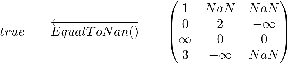 \[ true\qquad \overleftarrow{EqualToNan()}\qquad \left(\begin{matrix} 1 & NaN & NaN\\ 0 & 2 & -\infty\\ \infty & 0 & 0\\ 3 & -\infty & NaN\\ \end{matrix}\right) \]