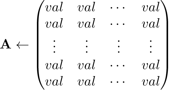 \[ \mathbf{A} \leftarrow \left(\begin{matrix} val & val & \cdots & val\\ val & val & \cdots & val\\ \vdots & \vdots & \vdots & \vdots \\ val & val & \cdots & val\\ val & val & \cdots & val\\ \end{matrix}\right) \]