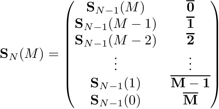 \[ \mathbf{S}_{N}(M)=\left(\begin{matrix} \mathbf{S}_{N-1}(M) & \mathbf{\overline{0}}\\ \mathbf{S}_{N-1}(M-1) & \mathbf{\overline{1}}\\ \mathbf{S}_{N-1}(M-2) & \mathbf{\overline{2}}\\ \vdots & \vdots \\ \mathbf{S}_{N-1}(1) & \mathbf{\overline{M-1}}\\ \mathbf{S}_{N-1}(0) & \mathbf{\overline{M}}\\ \end{matrix}\right) \]