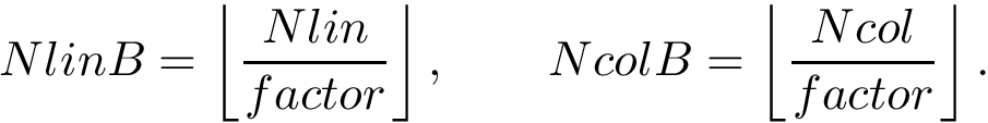 \[ NlinB=\left\lfloor\frac{Nlin}{factor}\right\rfloor,\qquad NcolB=\left\lfloor\frac{Ncol}{factor}\right\rfloor. \]