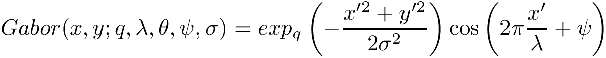 \[
    Gabor(x,y;q,\lambda,\theta,\psi,\sigma) = 
    exp_q\left(-\frac{x'^2+y'^2}{2\sigma^2}\right)\cos\left(2\pi\frac{x'}{\lambda}+\psi\right)
   \]