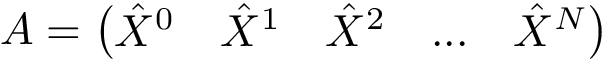 \[
A=\left(\begin{matrix}
\hat{X}^0 &  \hat{X}^1  & \hat{X}^2  & ... & \hat{X}^N \\
\end{matrix}\right)
   \]