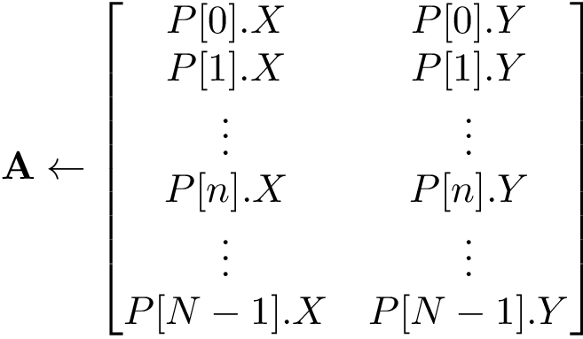 \[
\mathbf{A} \leftarrow 
\begin{bmatrix}
P[0].X & P[0].Y\\
P[1].X & P[1].Y\\
\vdots&\vdots\\
P[n].X & P[n].Y\\
\vdots&\vdots\\
P[N-1].X & P[N-1].Y\\
\end{bmatrix}
   \]