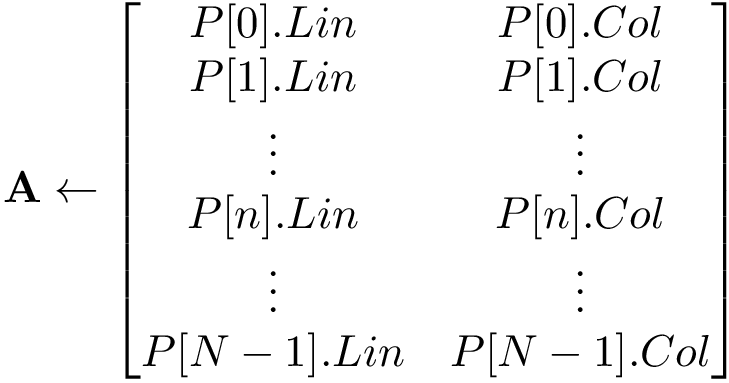 \[
\mathbf{A} \leftarrow 
\begin{bmatrix}
P[0].Lin & P[0].Col\\
P[1].Lin & P[1].Col\\
\vdots&\vdots\\
P[n].Lin & P[n].Col\\
\vdots&\vdots\\
P[N-1].Lin & P[N-1].Col\\
\end{bmatrix}
   \]