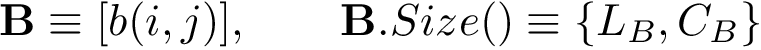 \[ \mathbf{B}\equiv [b(i,j)]  ,\qquad \mathbf{B}.Size()\equiv \{L_B,C_B\}\]