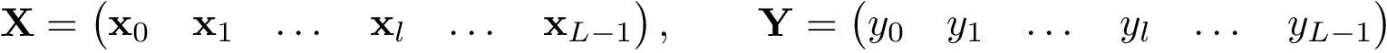 \[
\mathbf{X}=
\left(
\begin{matrix}
\mathbf{x}_0 & \mathbf{x}_1 & \dots & \mathbf{x}_l & \dots & \mathbf{x}_{L-1}
\end{matrix}
\right)
,\qquad 
\mathbf{Y}=
\left(
\begin{matrix}
y_0 & y_1 & \dots & y_l & \dots & y_{L-1} 
\end{matrix}
\right)
\]