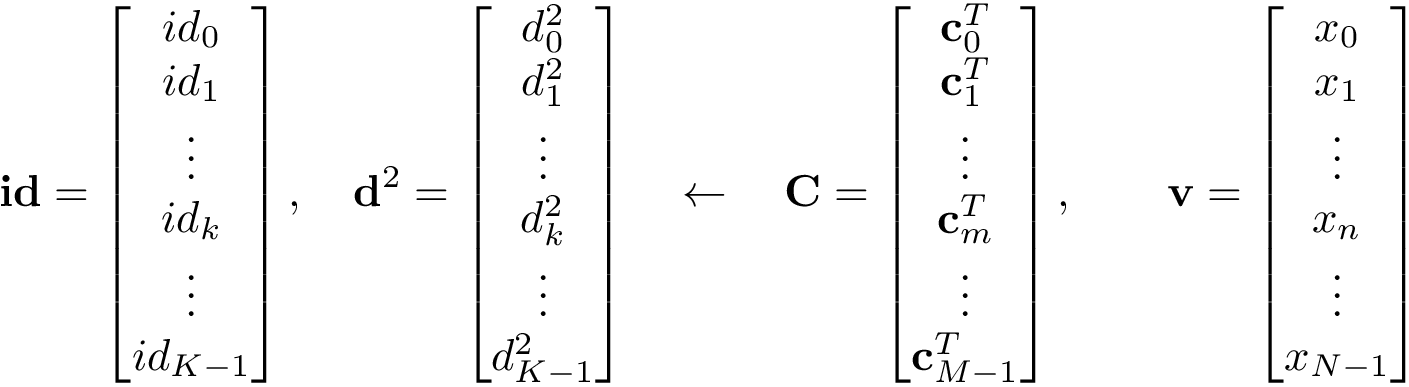 \[
\mathbf{id}=
\begin{bmatrix}
id_0\\
id_1\\
\vdots\\
id_k\\
\vdots\\
id_{K-1}\\
\end{bmatrix},
\quad
\mathbf{d}^{2}=
\begin{bmatrix}
d^{2}_0\\
d^{2}_1\\
\vdots\\
d^{2}_k\\
\vdots\\
d^{2}_{K-1}\\
\end{bmatrix}
\quad
\leftarrow
\quad
\mathbf{C}=
\begin{bmatrix}
\mathbf{c}_0^{T}\\
\mathbf{c}_1^{T}\\
\vdots\\
\mathbf{c}_m^{T}\\
\vdots\\
\mathbf{c}_{M-1}^{T}\\
\end{bmatrix},
\qquad
\mathbf{v}=
\begin{bmatrix}
x_0\\
x_1\\
\vdots\\
x_n\\
\vdots\\
x_{N-1}\\
\end{bmatrix}
\]