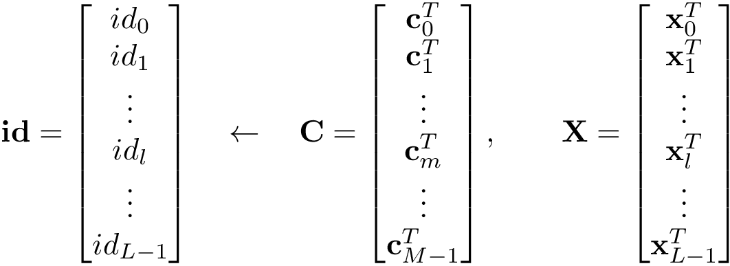 \[
\mathbf{id}=
\begin{bmatrix}
id_0\\
id_1\\
\vdots\\
id_l\\
\vdots\\
id_{L-1}\\
\end{bmatrix}
\quad
\leftarrow
\quad
\mathbf{C}=
\begin{bmatrix}
\mathbf{c}_0^{T}\\
\mathbf{c}_1^{T}\\
\vdots\\
\mathbf{c}_m^{T}\\
\vdots\\
\mathbf{c}_{M-1}^{T}\\
\end{bmatrix},
\qquad
\mathbf{X}=
\begin{bmatrix}
\mathbf{x}_0^{T}\\
\mathbf{x}_1^{T}\\
\vdots\\
\mathbf{x}_l^{T}\\
\vdots\\
\mathbf{x}_{L-1}^{T}\\
\end{bmatrix}
\]